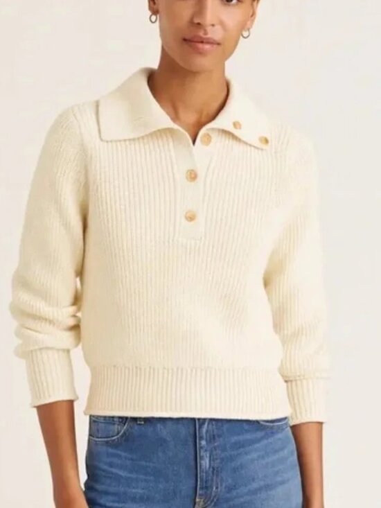 J. Crew Sweaters - NEW J.Crew Cream Cotton Ribbed Gold Button Collar Sweater Size M